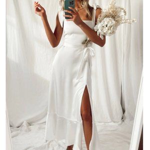 Show Me Your Mumu Garden Midi Dress in Ivory Luxe Satin